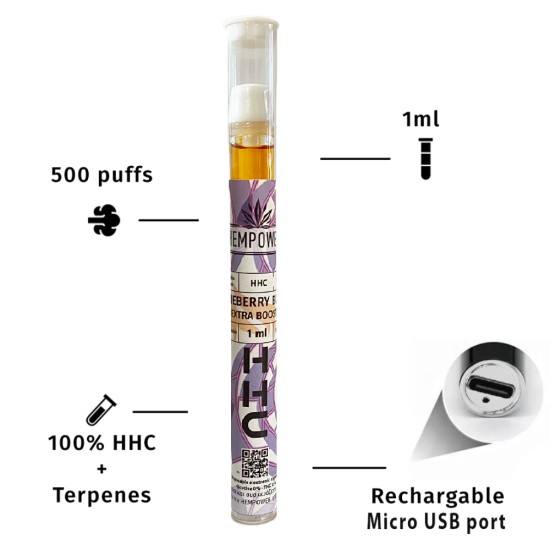 Hempower Disposable Vape Pen HHC,  Blueberry Bomb Extra Boost, HHC 100%, 1ml