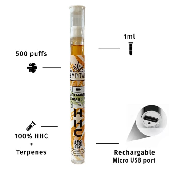 Hempower Disposable Vape Pen HHC, Peach Madness Extra Boost, HHC 100%, 1ml Hempower Disposable Vape Pen HHC, Peach Madness Extra Boost, HHC 100%, 1ml